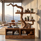 Solid Wood Bookshelf with Sculptural Tree Form and Storage Base