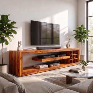 TV Console Solid Wood with Open Media Shelves and Side Cubby Storage for Living Room