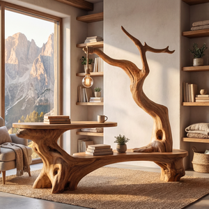 Sculptural Solid Wood Desk with Hanging Light Tree Inspired Writing Table Organic Modern Workspace