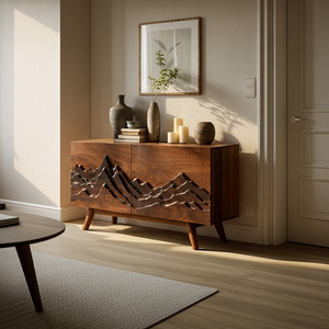 Carved Solid Wood Sideboard Mountain Relief Cabinet Modern Rustic Console Storage Buffet for Living Room