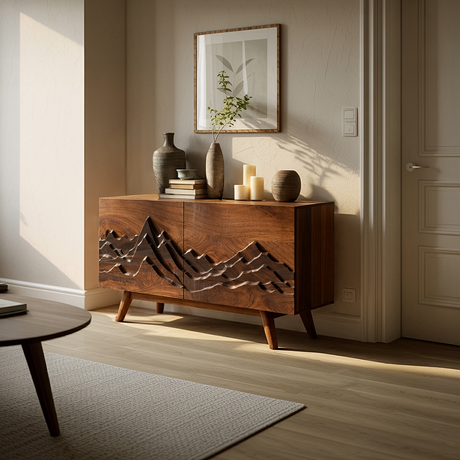Carved Solid Wood Sideboard Mountain Relief Cabinet Modern Rustic Console Storage Buffet for Living Room