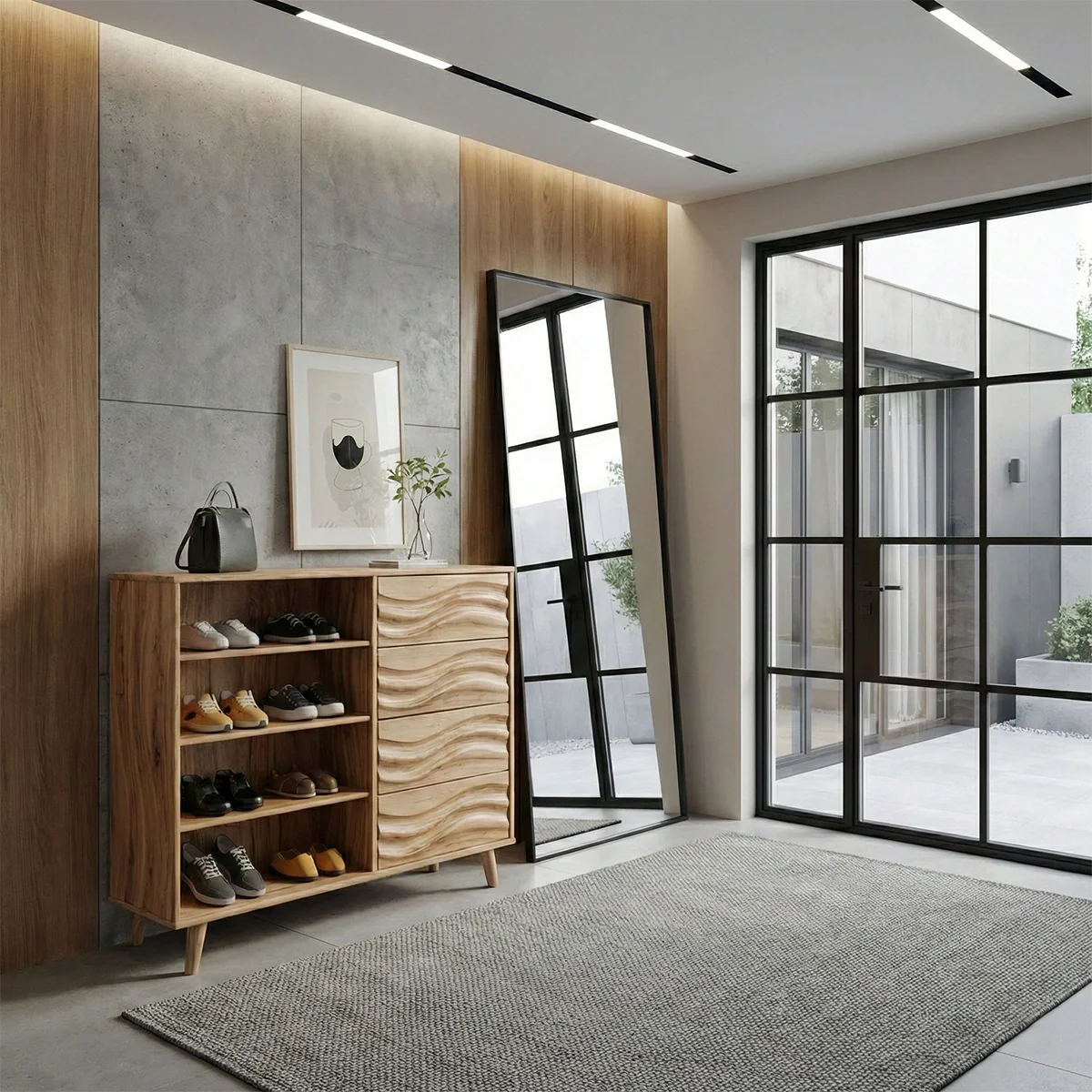 Solid Wood Shoe Cabinet with Drawers and Open Shelves Modern Entryway Shoe Storage Organizer