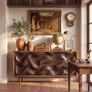 Carved Wave Front Solid Wood Sideboard Cabinet for Living and Dining