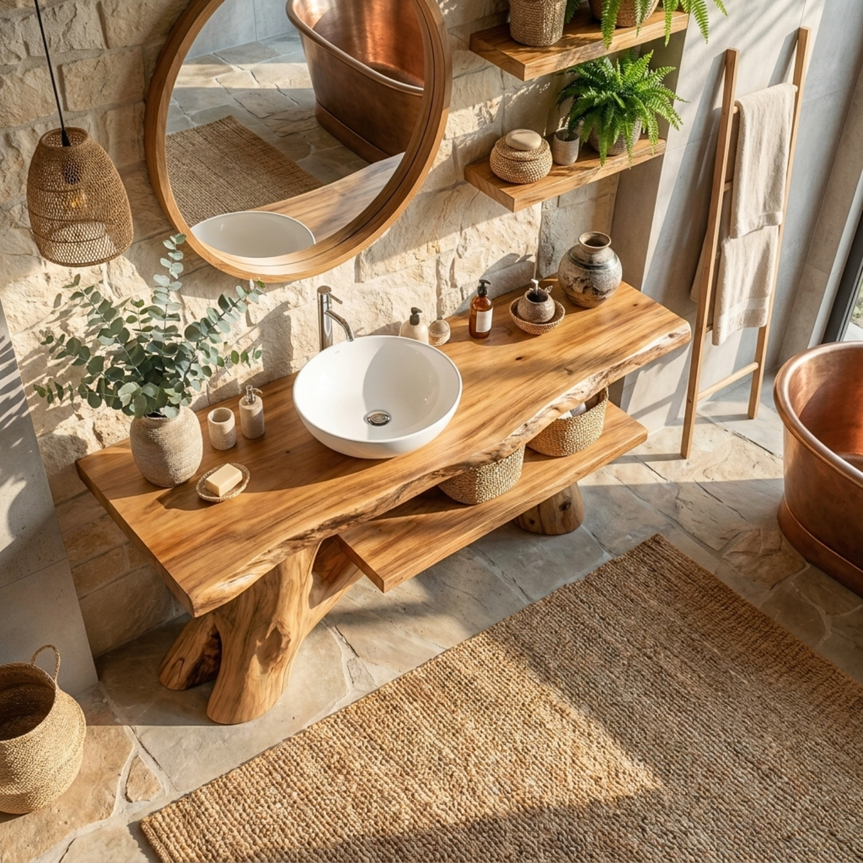 Bathroom Vanity Solid Wood with Organic Branch Legs and Open Shelf