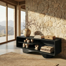 Gallery Style Solid Wood Media Console with Floating Wave Base, Minimalist TV Cabinet for Organic Modern Interiors