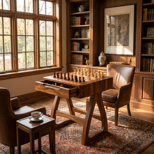 Handcrafted Solid Wood Chess Table with Storage Drawer and Sculptural Base