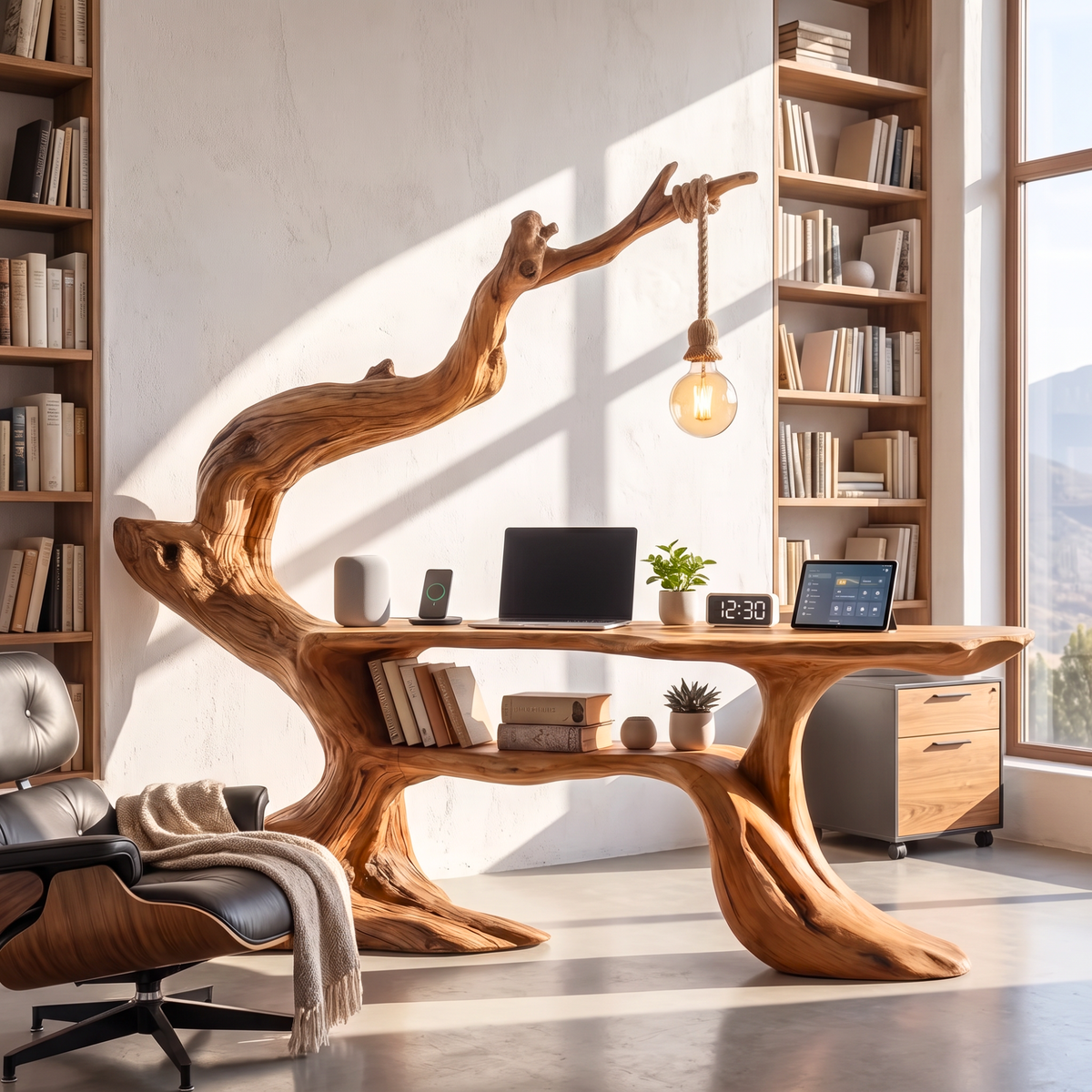 Handcrafted Sculptural Wood Desk with Hanging Light, Tree Inspired Writing Table, Artistic Statement Workspace
