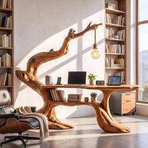 Handcrafted Sculptural Wood Desk with Hanging Light, Tree Inspired Writing Table, Artistic Statement Workspace
