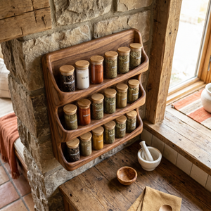 Handcrafted Wooden Wall Spice Rack with Flowing Wave Shelves for Kitchen Storage