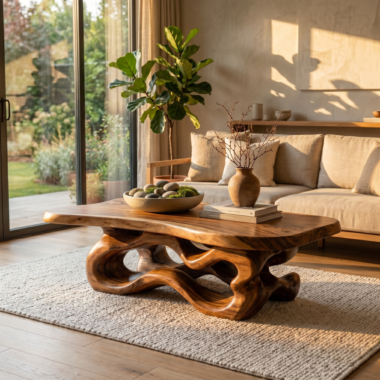 Artisan Solid Wood Coffee Table with Fluid Loop Base and Soft Edge Slab Top