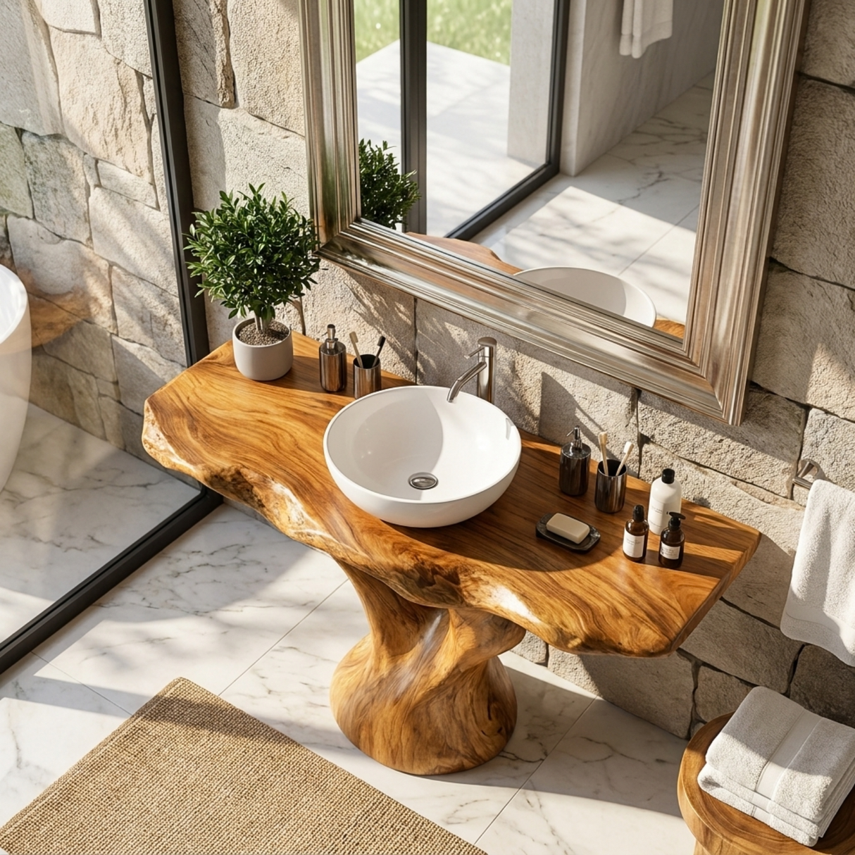 Bathroom Vanity Solid Wood with Sculptural Branching Pedestal for Modern Bathroom