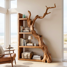 Vertical Solid Wood Bookshelf with Sculptural Tree Form Organic Modern Display Shelf