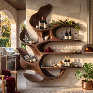 Carved Leaf Solid Wood Wall Wine Holder with Four Floating Display Shelves