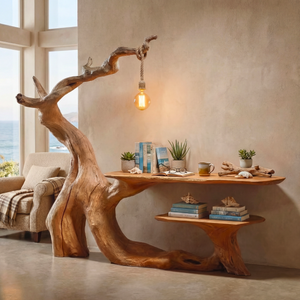 Organic Sculptural Solid Wood Desk with Hanging Light Artistic Tree Form Writing Table Modern Workspace