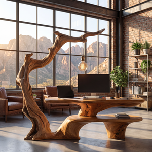 Sculptural Work Desk Tree Inspired Design with Hanging Lamp Organic Modern Workspace Table