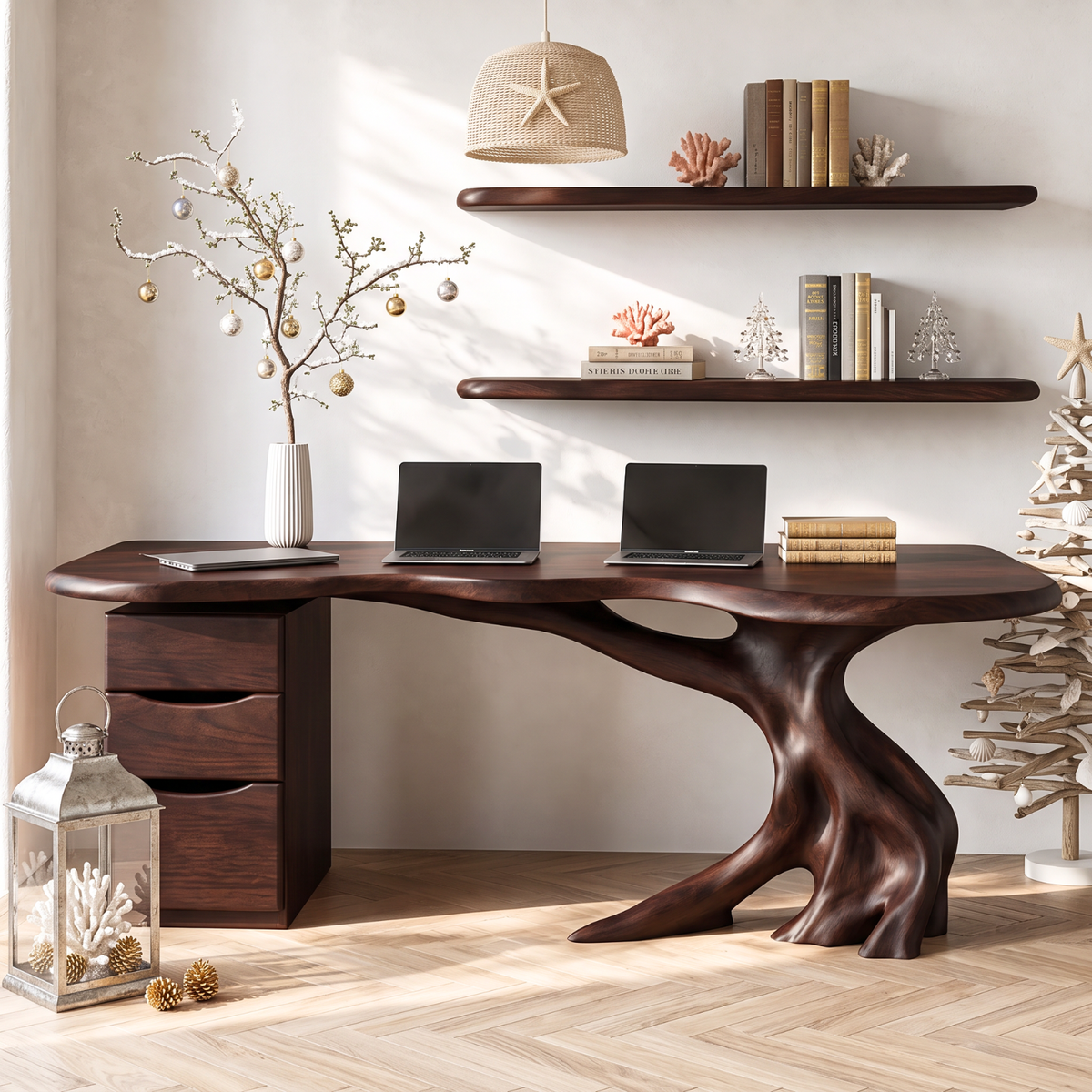 Live Edge Solid Wood Desk with Sculptural Tree Base and Three Drawer Storage