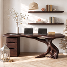 Live Edge Solid Wood Desk with Sculptural Tree Base and Three Drawer Storage