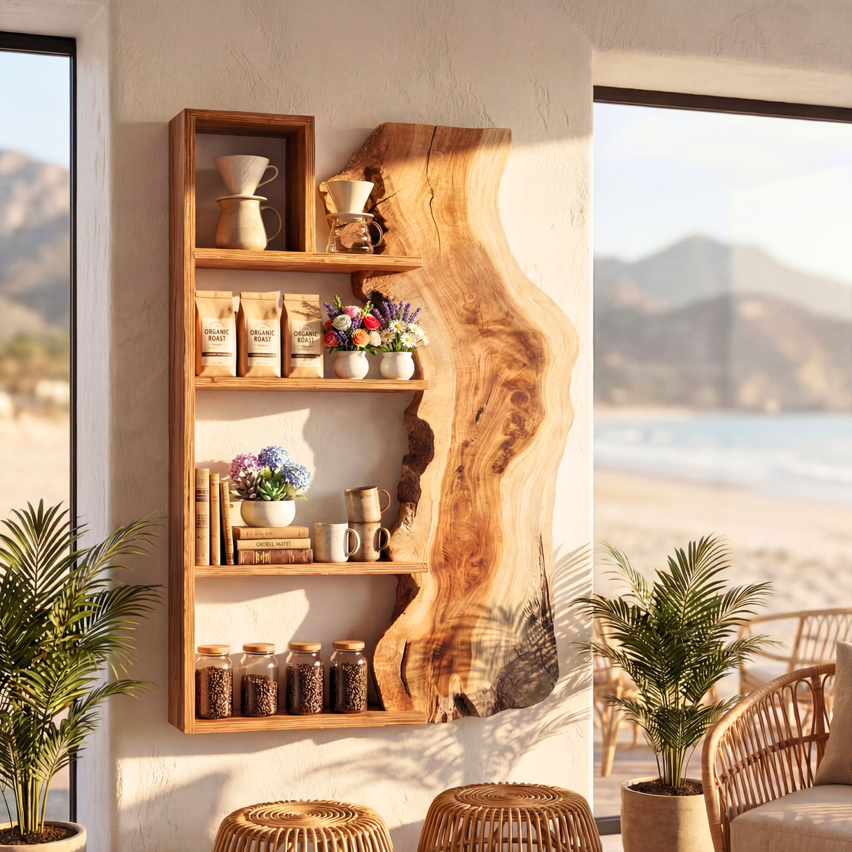 Solid Wood Live Edge Wall Shelf Geometric Frame Multi Tier Floating Storage