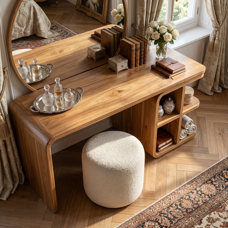 Handmade Solid Wood Vanity Table with Open Cubby Shelves and Waterfall Side