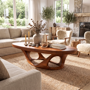 Coffee Table Solid Wood with Sculptural Interwoven Loop Base