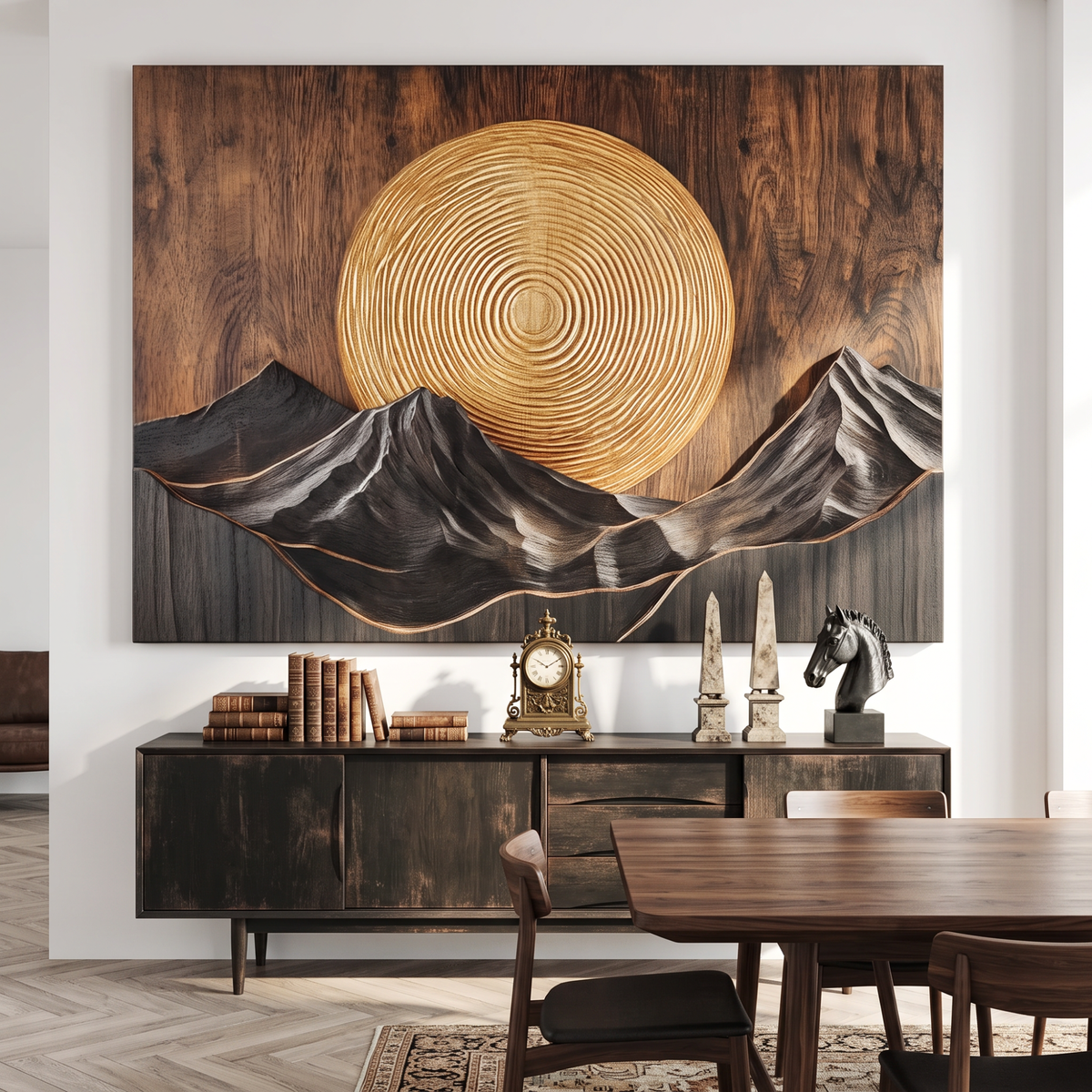 Wall Sculpture Mountain Sunset with Golden Sun and Layered Peaks