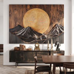 Wall Sculpture Mountain Sunset with Golden Sun and Layered Peaks