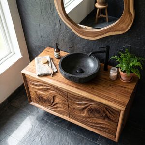 Artisan Solid Wood Bathroom Vanity with Hand Carved Wave Front