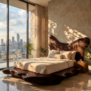 Sculptural Solid Wood Bed Frame with Organic Live Edge Platform, Statement Bed for Organic Modern Bedrooms