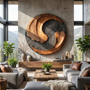 Organic Solid Wood Wall Sculpture with Crescent Cutout and Flowing Grain Relief