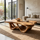 Handcrafted Solid Wood Coffee Table with Waveform Open Base