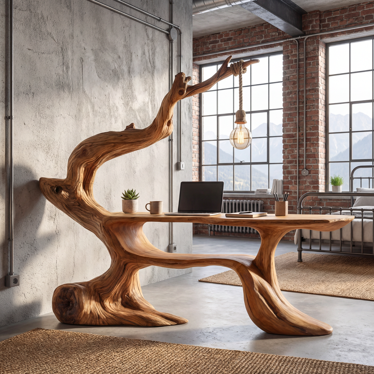 Handcrafted Sculptural Wood Desk with Hanging Light, Tree Inspired Writing Table, Artistic Statement Workspace