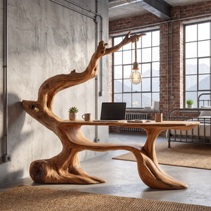 Handcrafted Sculptural Wood Desk with Hanging Light, Tree Inspired Writing Table, Artistic Statement Workspace