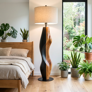 Sculptural Wood Floor Lamp with Organic Two-Tone Base and Fabric Drum Shade