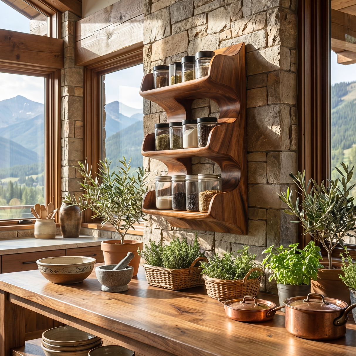 Solid Wood Organic Wall Spice Rack with Flowing Three Shelf Design