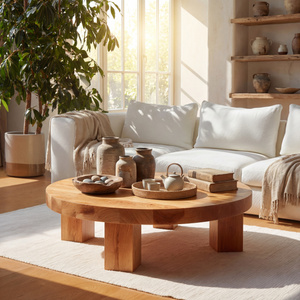 Round Wood Coffee Table with Chunky Block Legs