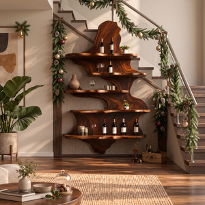 Sculptural Solid Wood Wine Rack with Tiered Floating Shelves