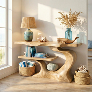 Sculptural Solid Wood Console Table with Open Shelf, Organic Modern Entryway Table