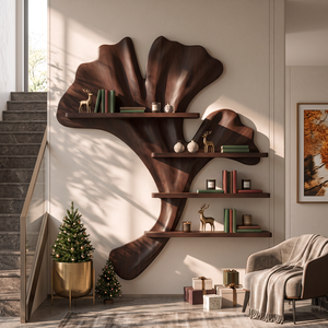 Ginkgo Leaf Solid Wood Wall Shelf with Sculptural Branch Display Design