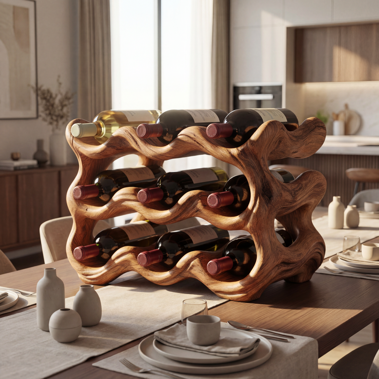Modern Sculptural Solid Wood Wine Rack Wave Carved Multi Level Bottle Holder for Countertop