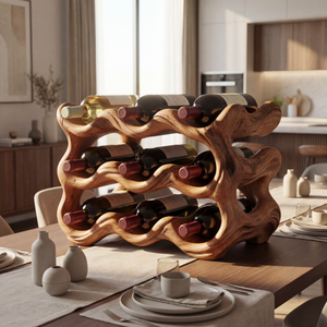 Modern Sculptural Solid Wood Wine Rack Wave Carved Multi Level Bottle Holder for Countertop