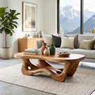 Organic Solid Wood Coffee Table with Flowing Sculptural Base and Soft Rounded Top