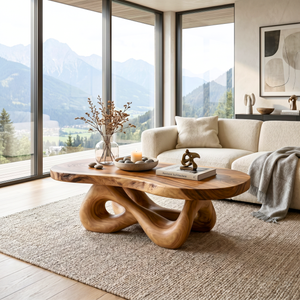 Handcrafted Solid Wood Coffee Table with Organic Sculptural Base and Rounded Live Edge Top