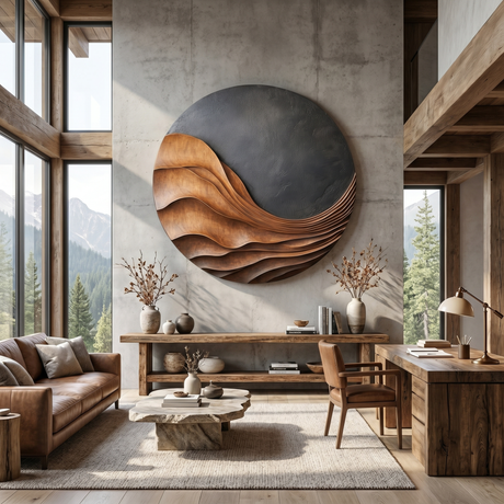 Handcrafted Round Wood Wall Sculpture with Flowing Layered Relief and Charcoal Textured Contrast