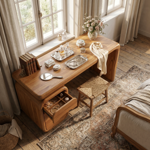 Solid Wood Vanity Desk with Rounded Drawer Pedestal and Waterfall Side