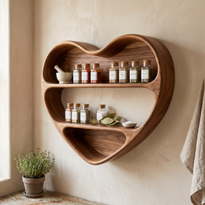 Handcrafted Heart-Shaped Wood Wall Spice Rack with Sculptural Three-Tier Shelves