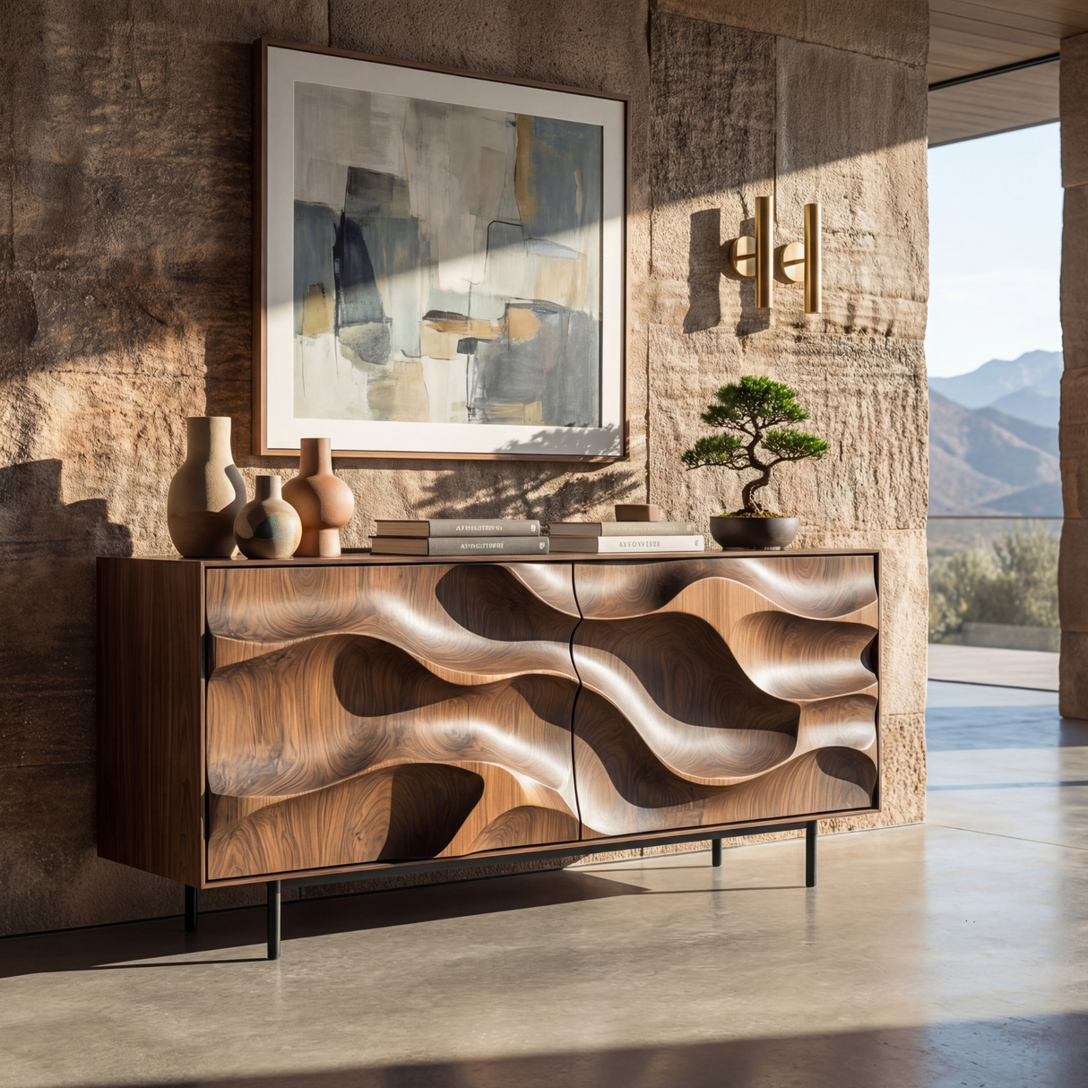 Sculpted Wave Front Solid Wood Sideboard Cabinet