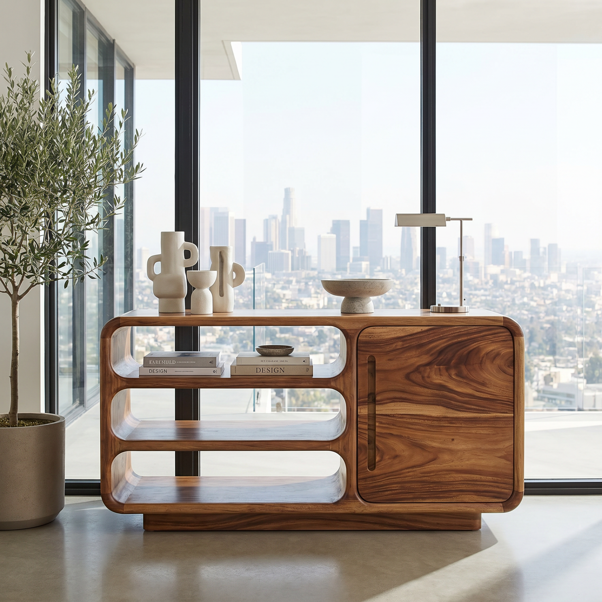 Solid Wood Rounded Sideboard with Open Shelves for Living Room