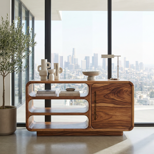 Solid Wood Rounded Sideboard with Open Shelves for Living Room