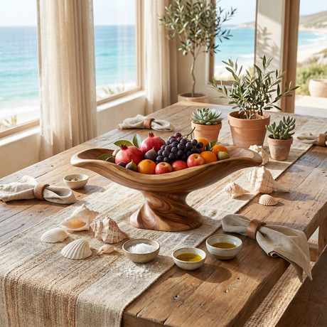 Handcrafted Wood Fruit Centerpiece Bowl with Wavy Rim and Sculpted Pedestal Base