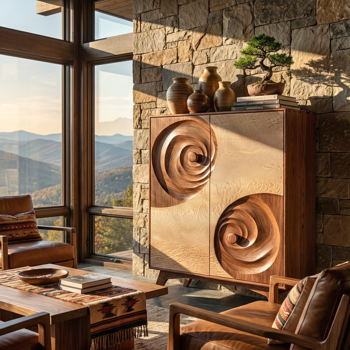 Solid Wood Sculptural Cabinet with Spiral Carved Relief Doors for Modern Interiors